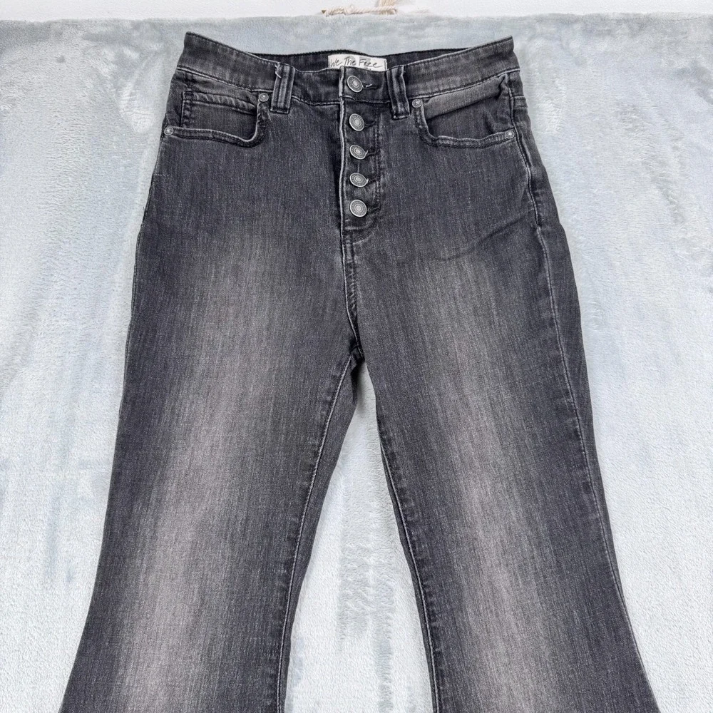 We The Free Jeans Women 27 Black Flare High Rise Button Fly Denim Boho Hippie - Picture 2 of 16